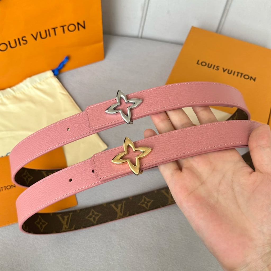 LOUIS VUITTON LV Flowergram 30mm Reversible Belt Gold Buckle Pink Brown Leather