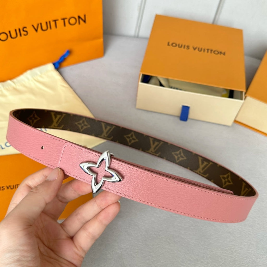LOUIS VUITTON LV Flowergram 30mm Reversible Belt Silver Buckle Pink Brown Leather