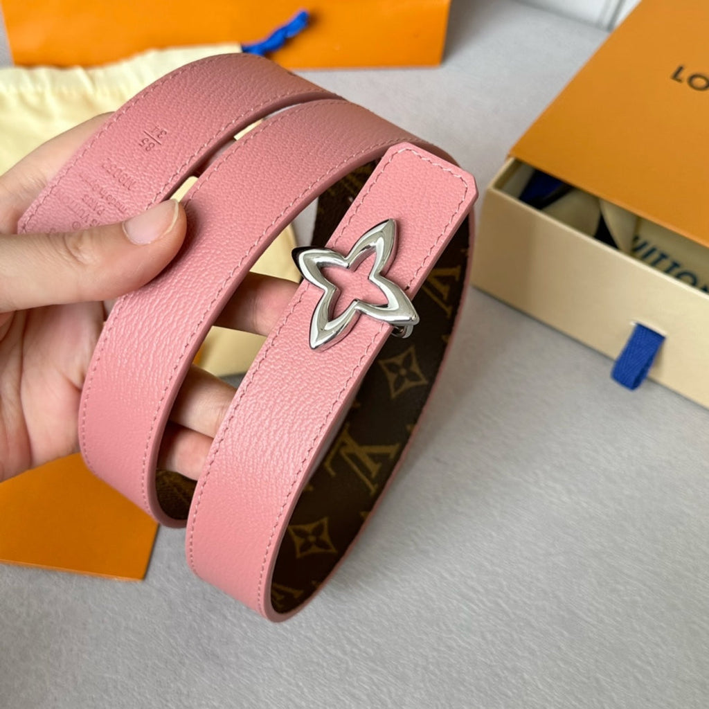 LOUIS VUITTON LV Flowergram 30mm Reversible Belt Silver Buckle Pink Brown Leather