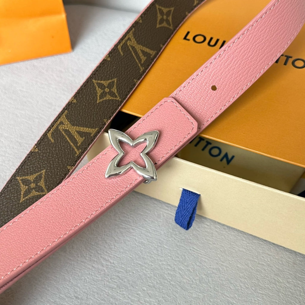LOUIS VUITTON LV  MINI FLOWERGRAM 30MM REVERSIBLE BELT IN BLUSH PINK CALFSKIN SILVER HARDWARE