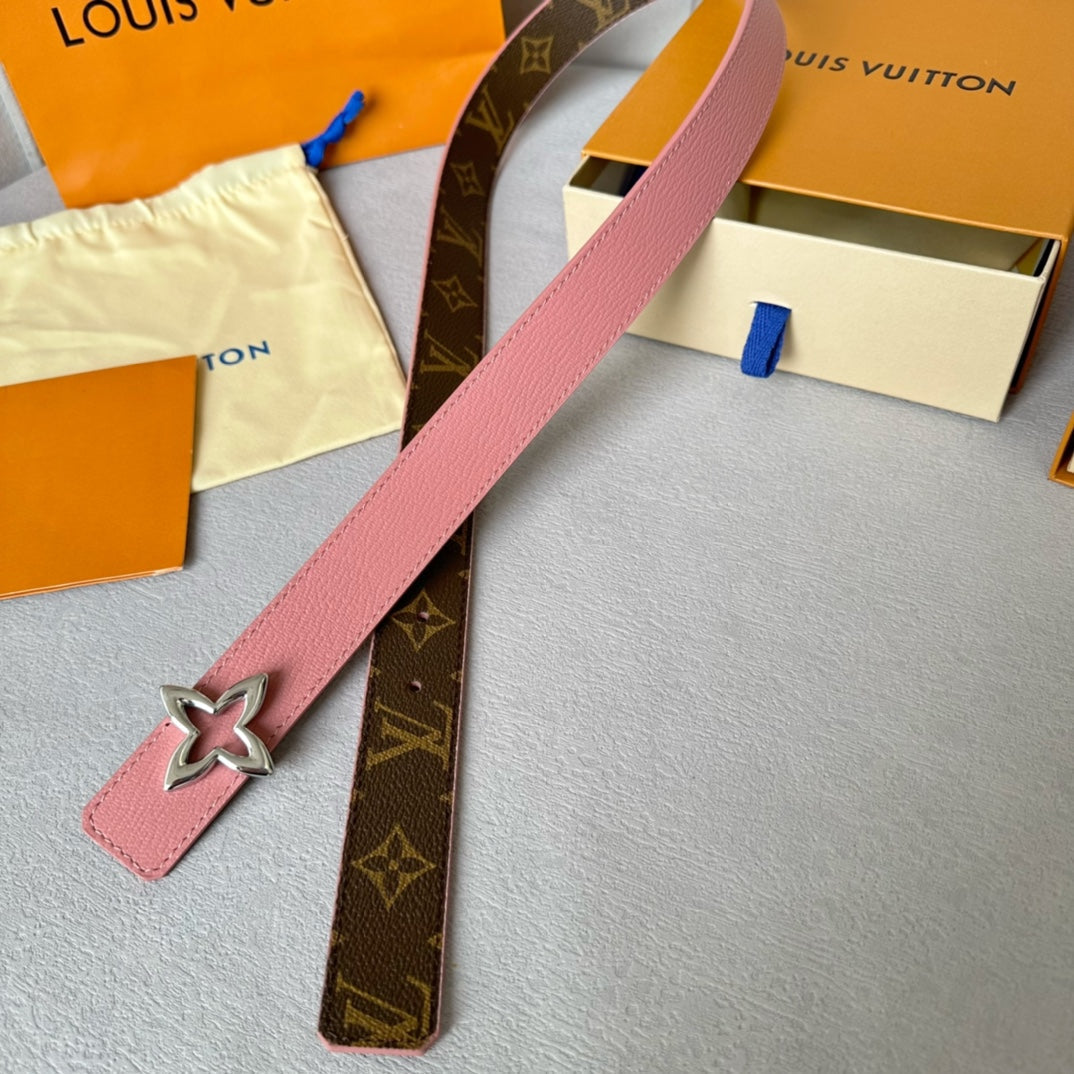LOUIS VUITTON LV  MINI FLOWERGRAM 30MM REVERSIBLE BELT IN BLUSH PINK CALFSKIN SILVER HARDWARE