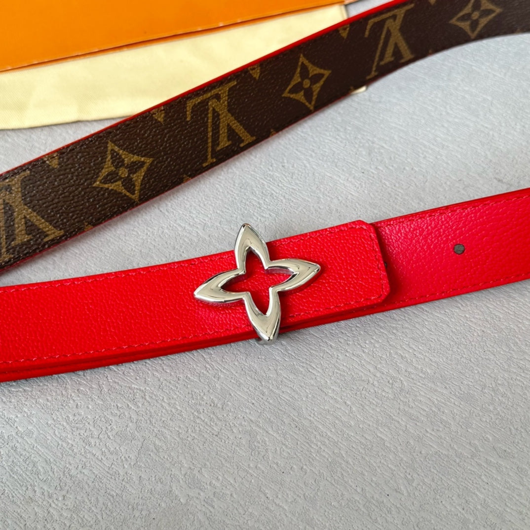 LOUIS VUITTON LV Flowergram 30mm Reversible Belt Silver Buckle Red Brown Leather