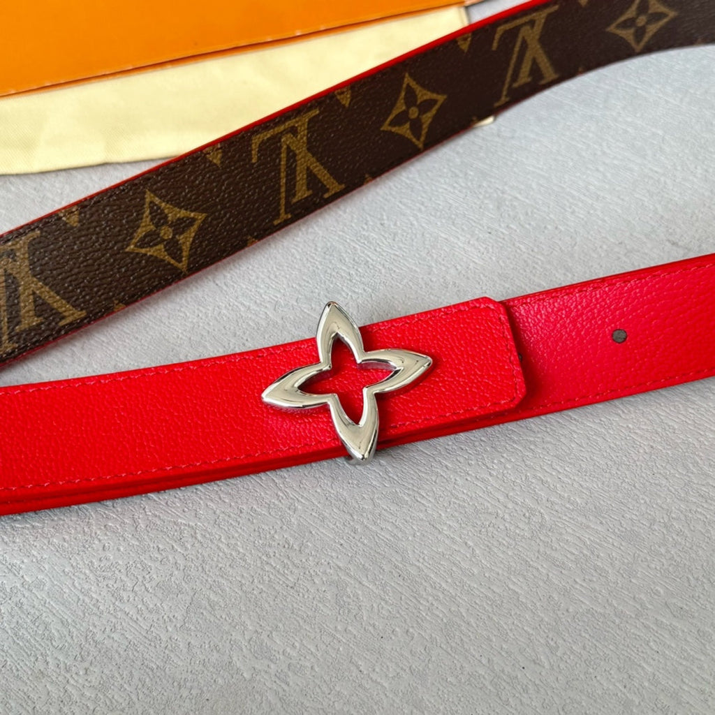LOUIS VUITTON LV  MINI FLOWERGRAM 30MM REVERSIBLE BELT IN CHERRY RED CALFSKIN SILVER HARDWARE