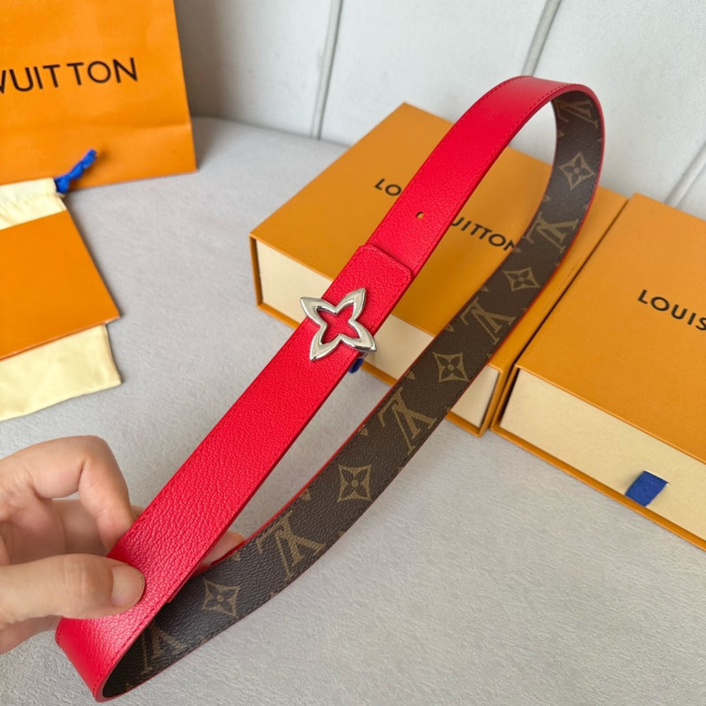 LOUIS VUITTON LV  MINI FLOWERGRAM 30MM REVERSIBLE BELT IN CHERRY RED CALFSKIN SILVER HARDWARE