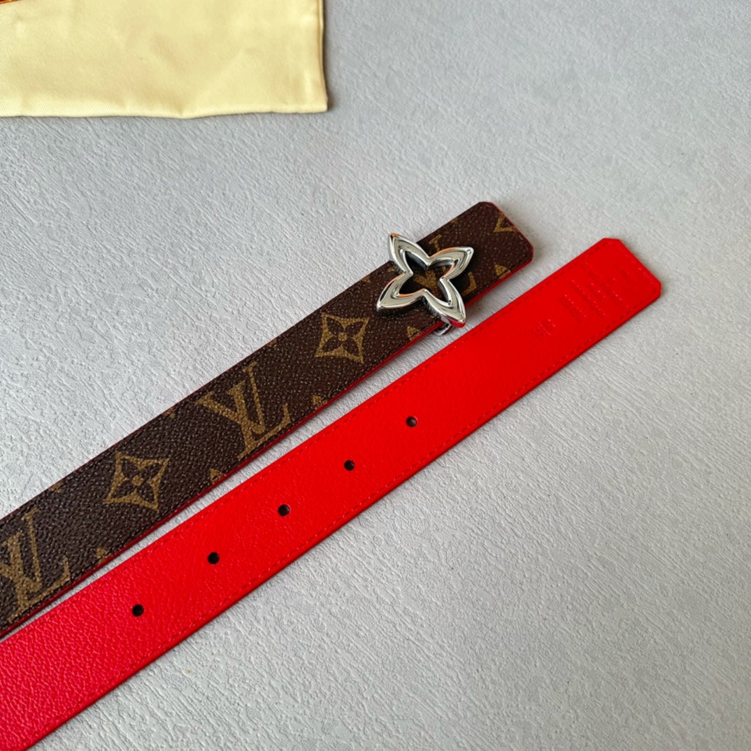 LOUIS VUITTON LV  MINI FLOWERGRAM 30MM REVERSIBLE BELT IN CHERRY RED CALFSKIN SILVER HARDWARE