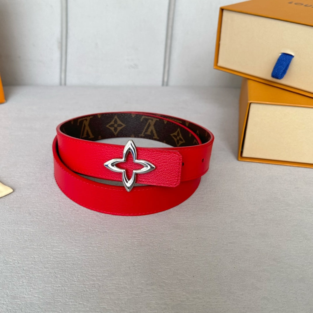 LOUIS VUITTON LV Flowergram 30mm Reversible Belt Silver Buckle Red Brown Leather