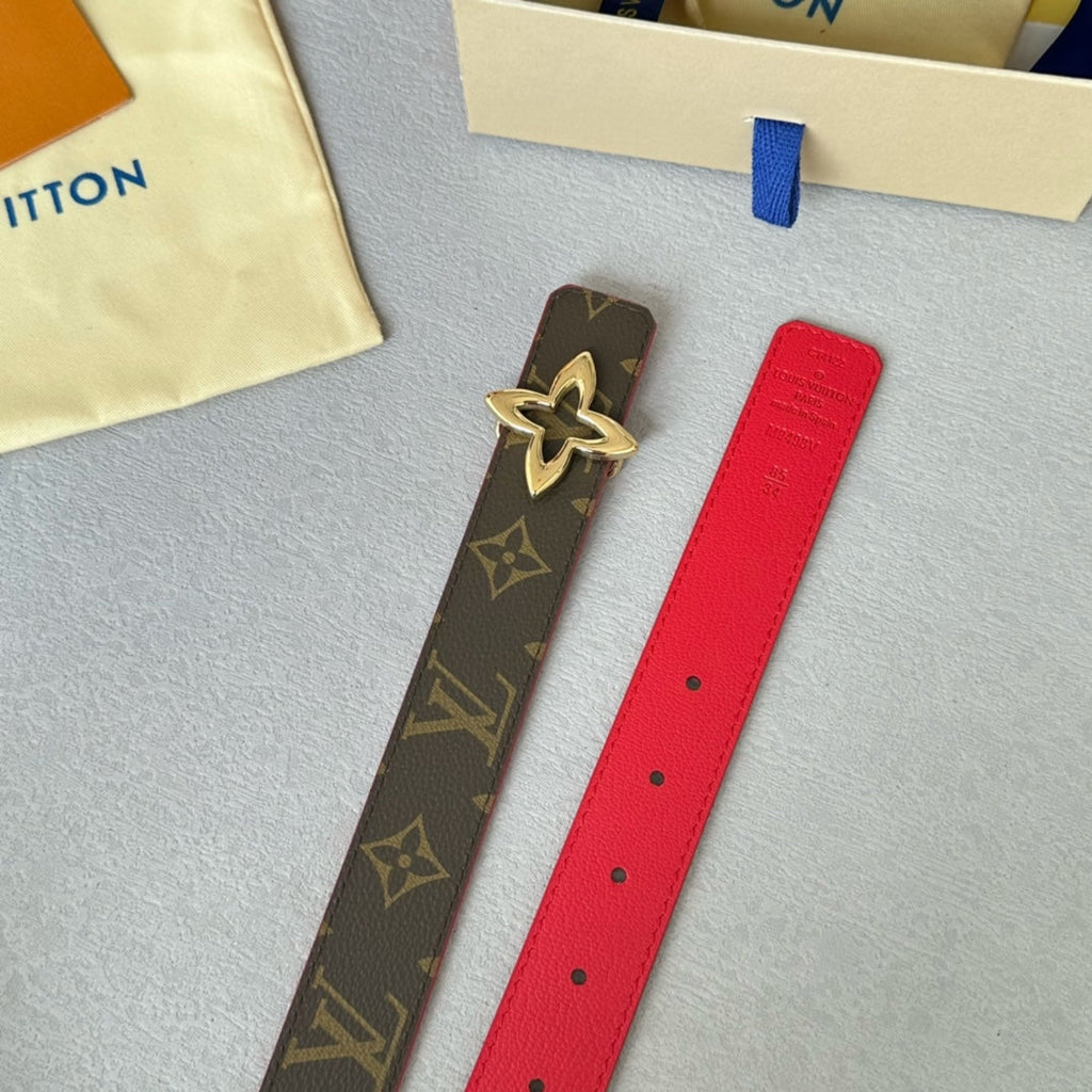 LOUIS VUITTON LV  MINI FLOWERGRAM 30MM REVERSIBLE BELT IN CHERRY RED CALFSKIN GOLD HARDWARE