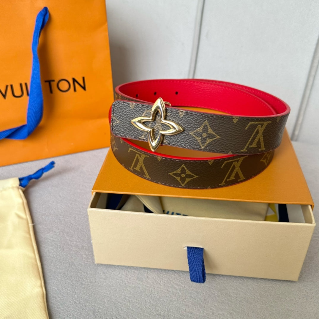 LOUIS VUITTON LV Flowergram 30mm Reversible Belt Gold Buckle Red Brown Leather