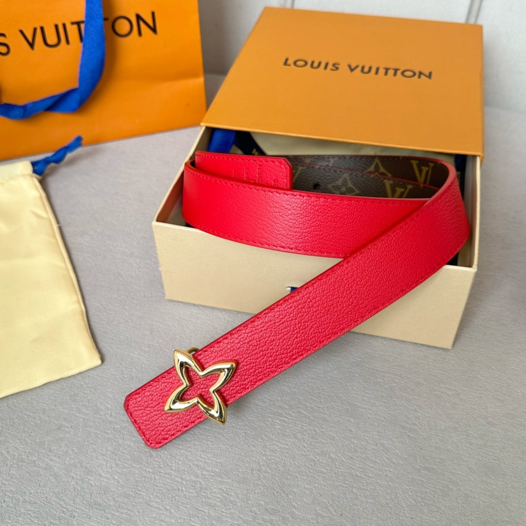 LOUIS VUITTON LV  MINI FLOWERGRAM 30MM REVERSIBLE BELT IN CHERRY RED CALFSKIN GOLD HARDWARE