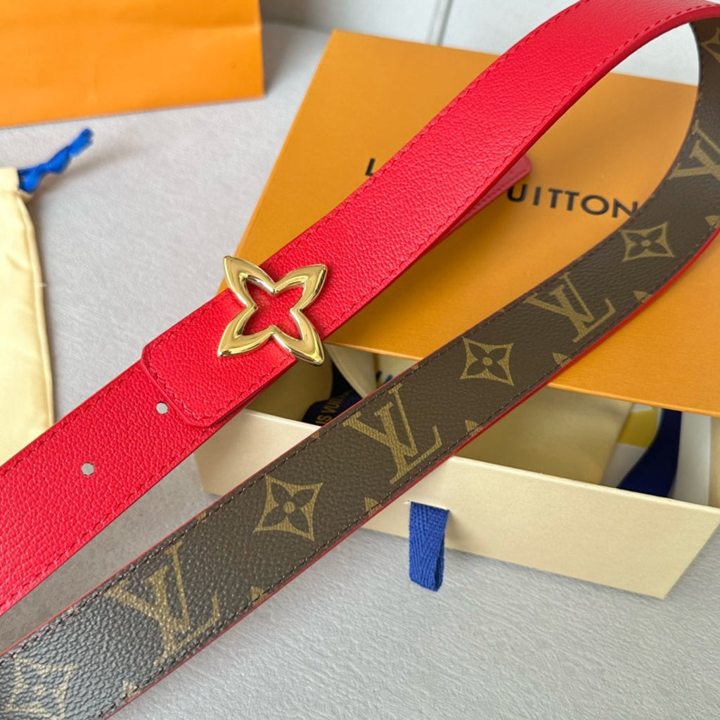 LOUIS VUITTON LV  MINI FLOWERGRAM 30MM REVERSIBLE BELT IN CHERRY RED CALFSKIN GOLD HARDWARE