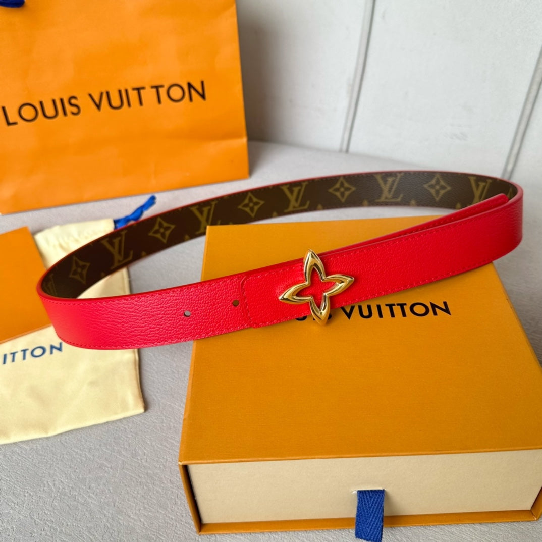 LOUIS VUITTON LV  MINI FLOWERGRAM 30MM REVERSIBLE BELT IN CHERRY RED CALFSKIN GOLD HARDWARE