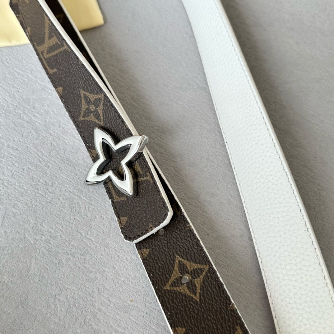 LOUIS VUITTON LV Flowergram 30mm Reversible Belt Silver Buckle White Brown Leather