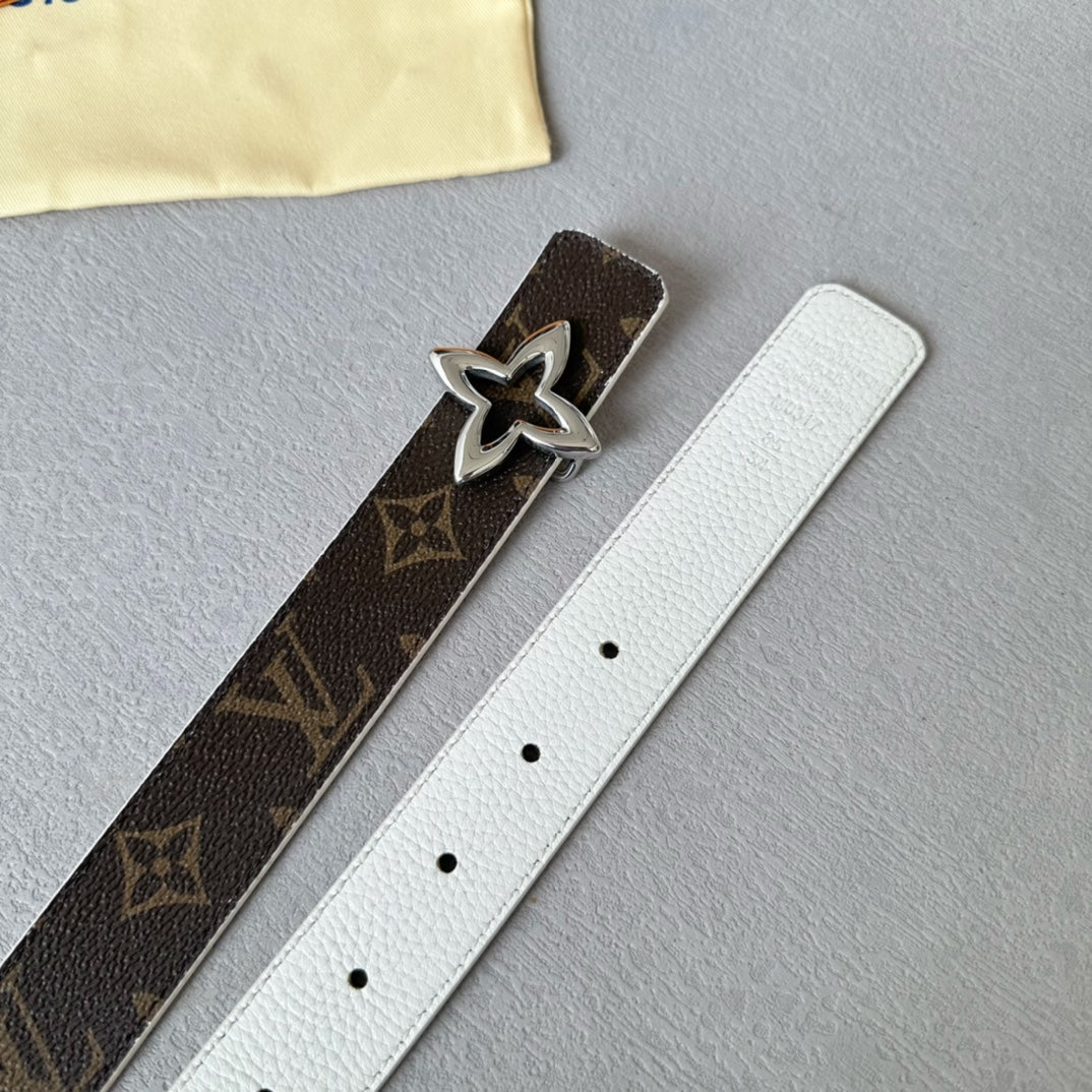 LOUIS VUITTON LV  MINI FLOWERGRAM 30MM REVERSIBLE BELT IN WHITE CALFSKIN SILVER HARDWARE