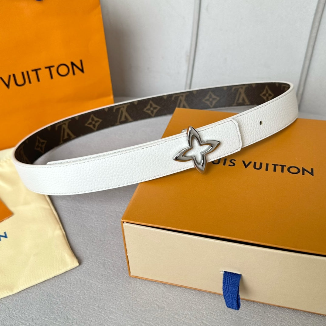 LOUIS VUITTON LV  MINI FLOWERGRAM 30MM REVERSIBLE BELT IN WHITE CALFSKIN SILVER HARDWARE