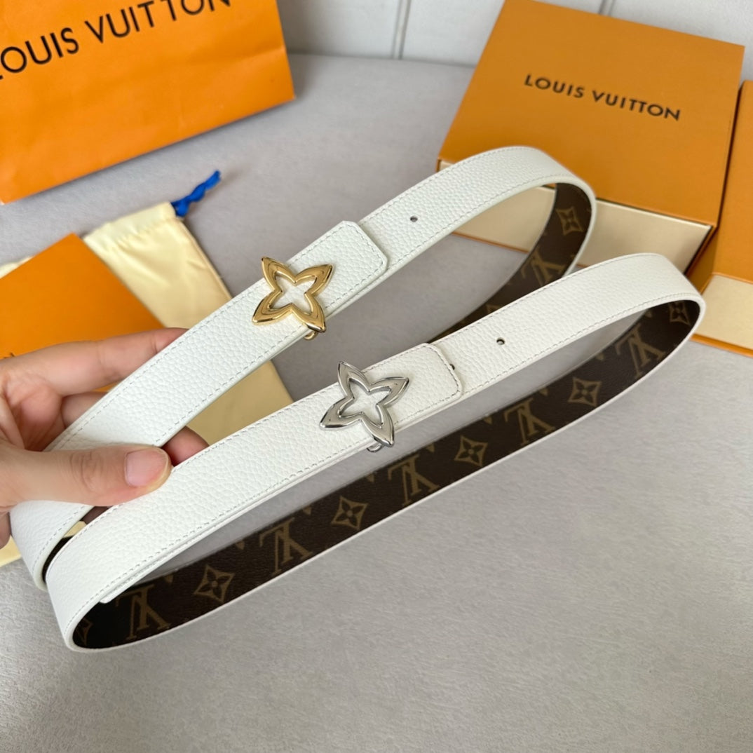 LOUIS VUITTON LV Flowergram 30mm Reversible Belt Gold Buckle White Brown Leather