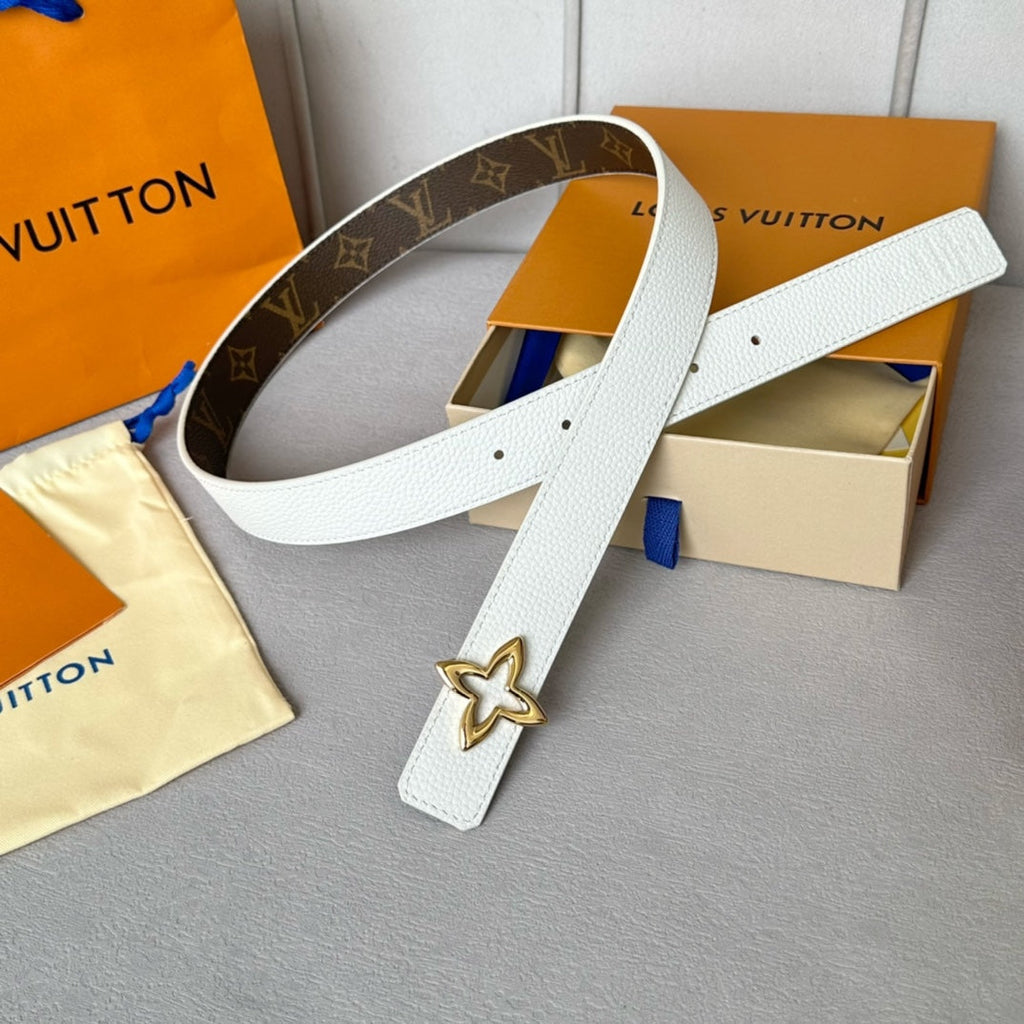 LOUIS VUITTON LV  MINI FLOWERGRAM 30MM REVERSIBLE BELT IN WHITE CALFSKIN GOLD HARDWARE