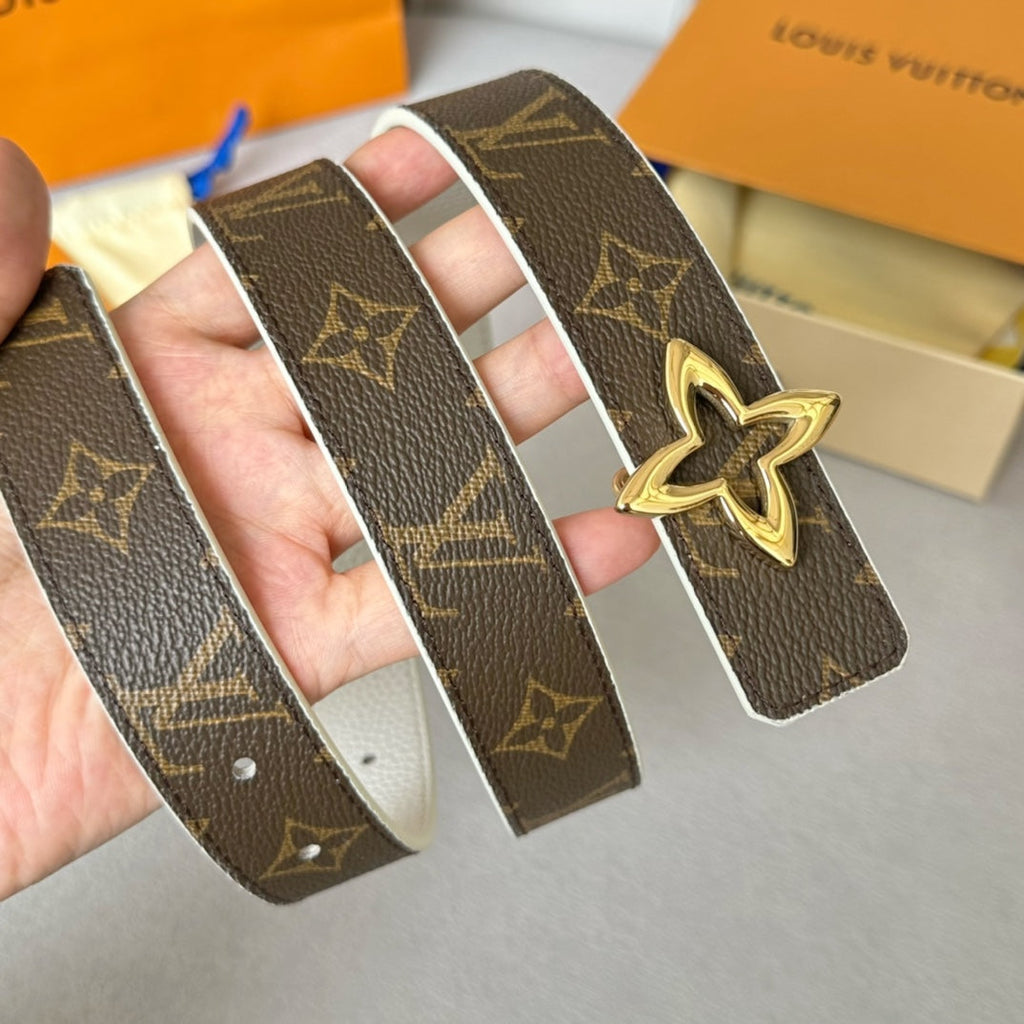 LOUIS VUITTON LV  MINI FLOWERGRAM 30MM REVERSIBLE BELT IN WHITE CALFSKIN GOLD HARDWARE