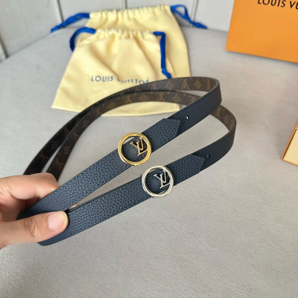 LOUIS VUITTON LV Circle 20mm Reversible Belt Silver Buckle Navy Blue Brown Leather