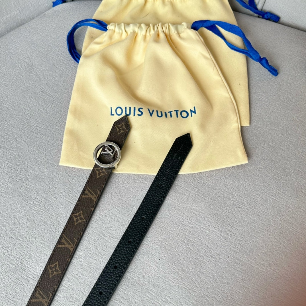 LOUIS VUITTON LV Circle 20mm Reversible Belt Silver Buckle Black Brown Leather