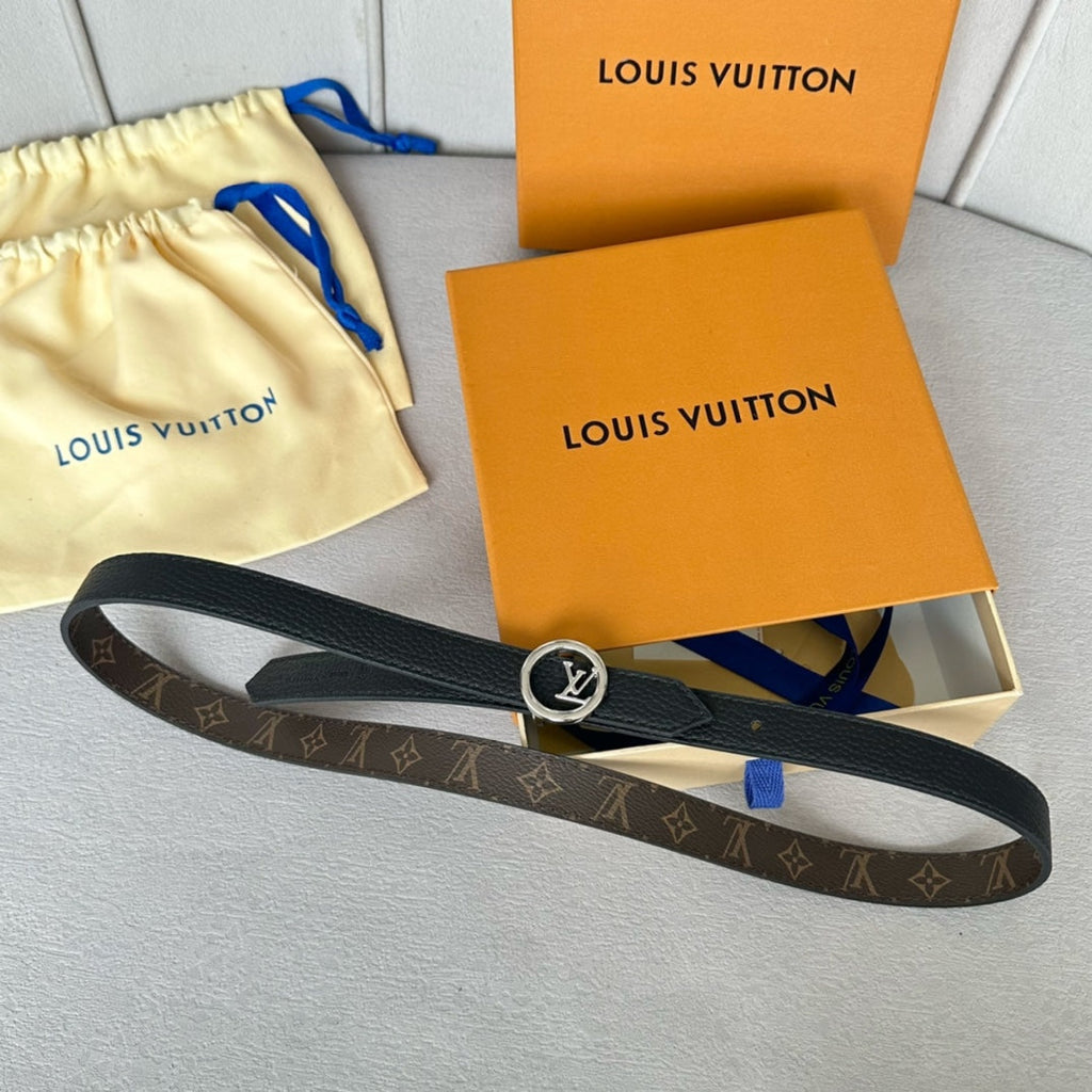 LOUIS VUITTON LV Circle 20mm Reversible Belt Silver Buckle Black Brown Leather