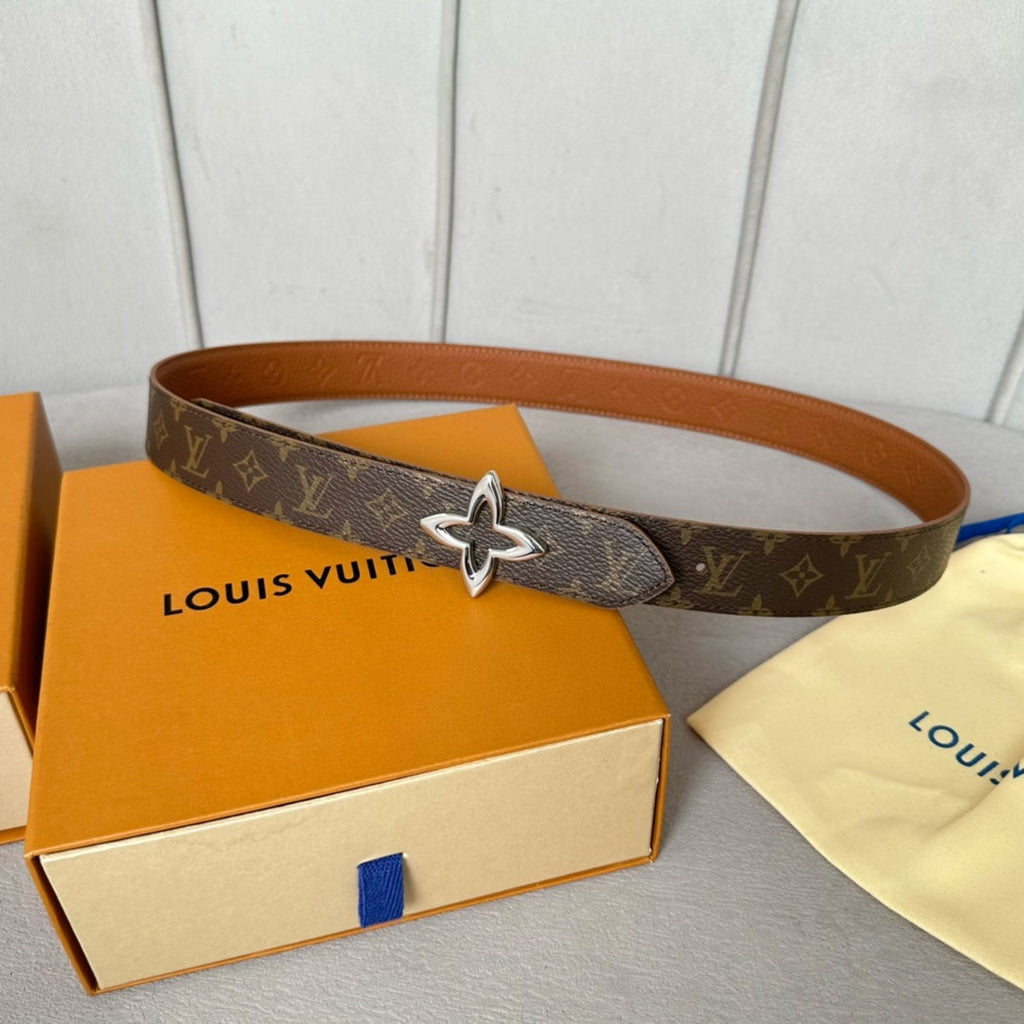 LOUIS VUITTON LV  MINI FLOWERGRAM 30MM REVERSIBLE BELT IN BRONZE BROWN EMBOSSED CALFSKIN SILVER HARDWARE