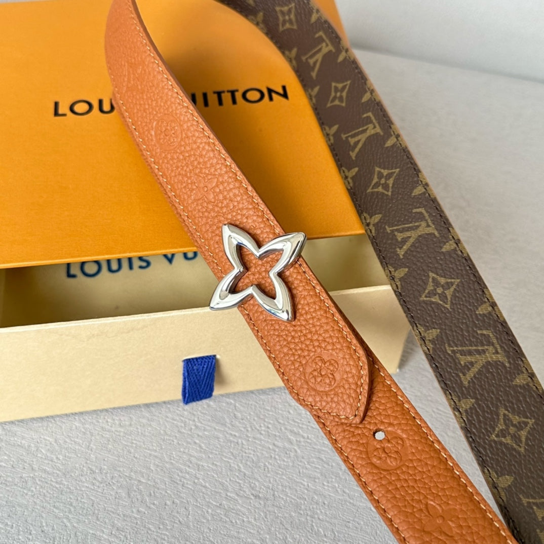 LOUIS VUITTON LV  MINI FLOWERGRAM 30MM REVERSIBLE BELT IN BRONZE BROWN EMBOSSED CALFSKIN SILVER HARDWARE