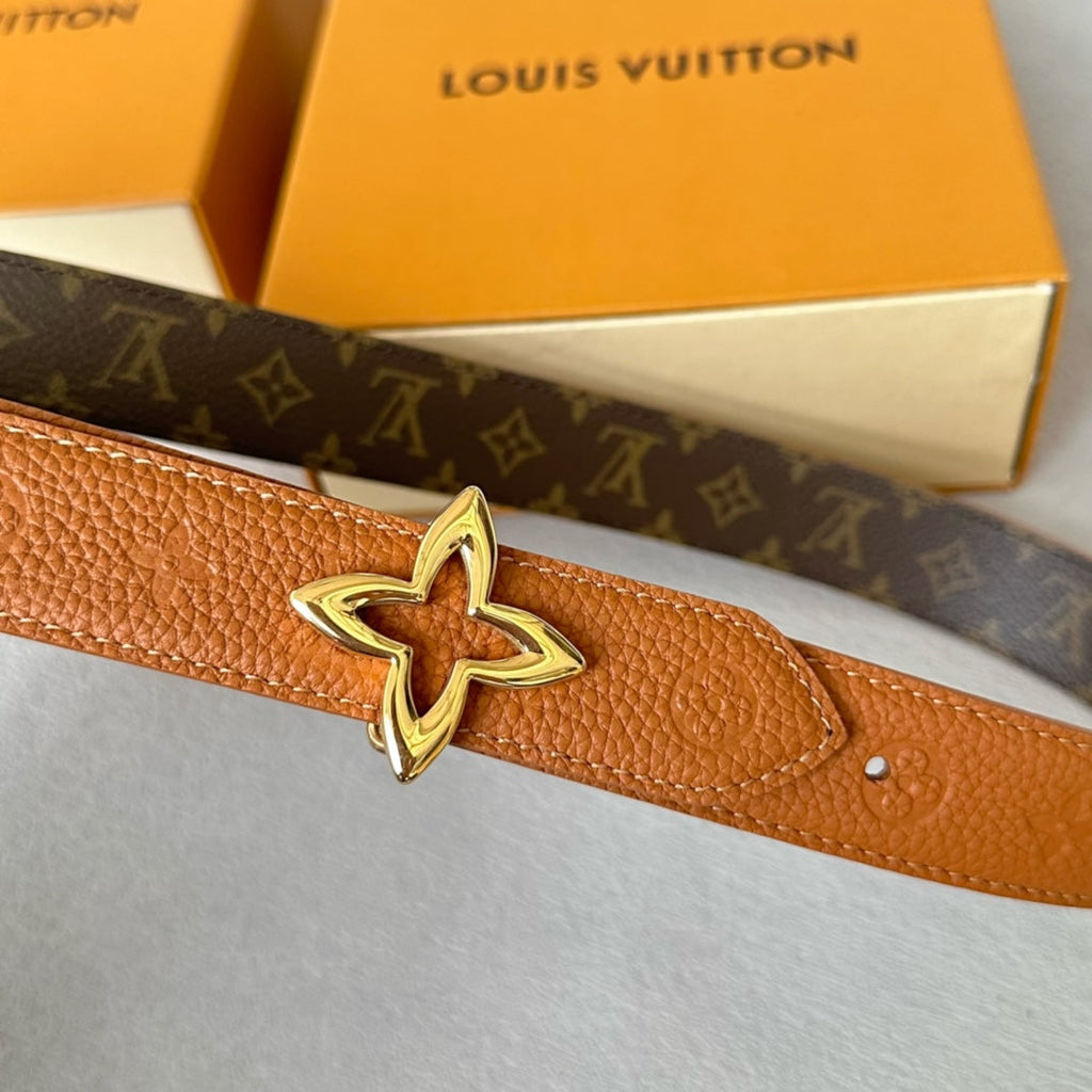 LOUIS VUITTON LV  MINI FLOWERGRAM 30MM REVERSIBLE BELT IN BRONZE BROWN EMBOSSED CALFSKIN GOLD HARDWARE