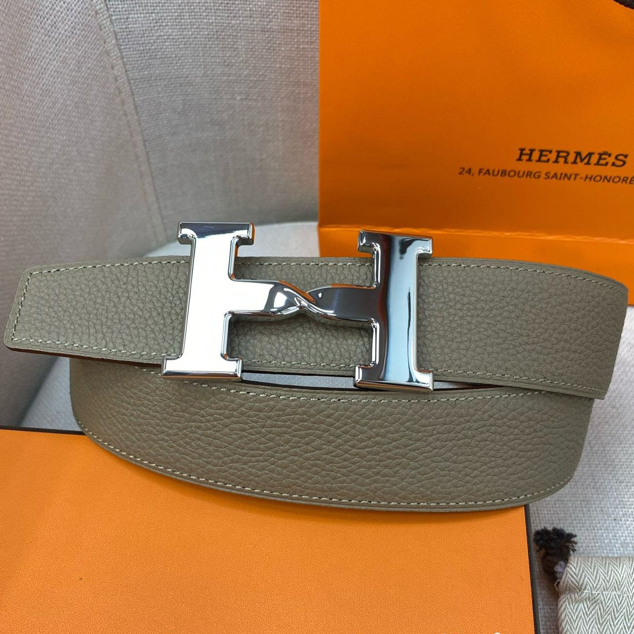 HERMES H BELT BUCKLE & REVERSIBLE CAMEL BROWN LEATHER STRAP 38MM SILVER HARDWARE