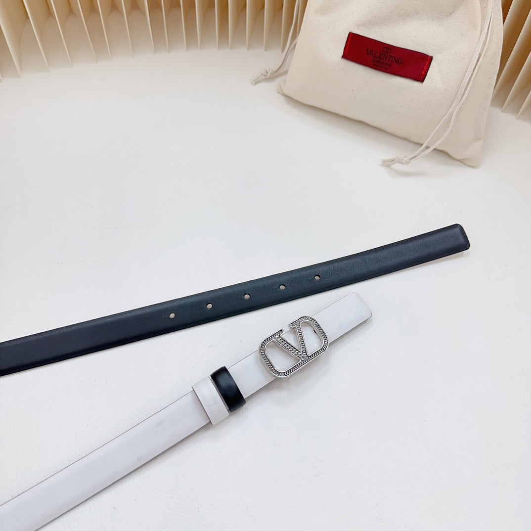 VALENTINO Vlogo Buckle Water Wave Silver Copper Glossy White Black Leather 20mm Belt