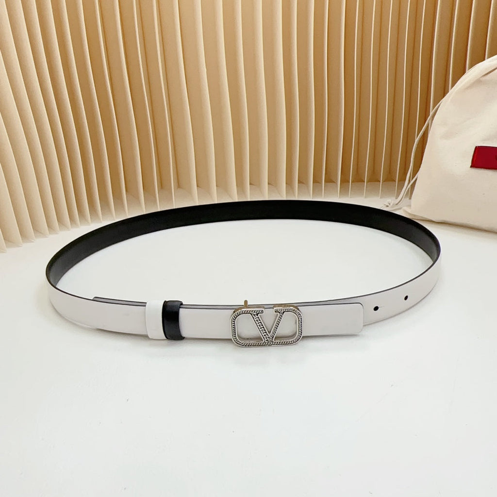 VALENTINO Vlogo Buckle Water Wave Silver Copper Glossy White Black Leather 20mm Belt
