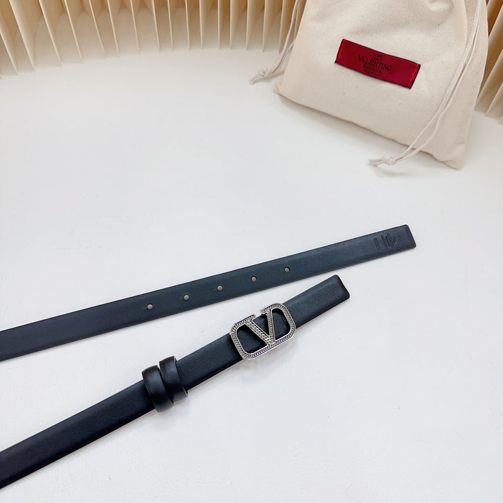 VALENTINO Vlogo Buckle Water Wave Silver Copper Glossy Black Leather 20mm Belt