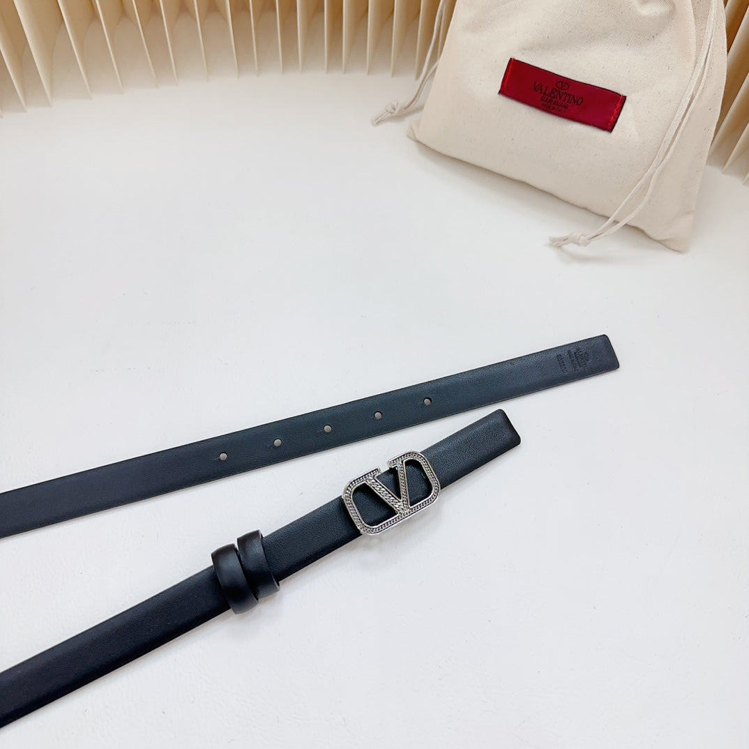 VALENTINO Vlogo Buckle Water Wave Silver Copper Glossy Black Leather 20mm Belt