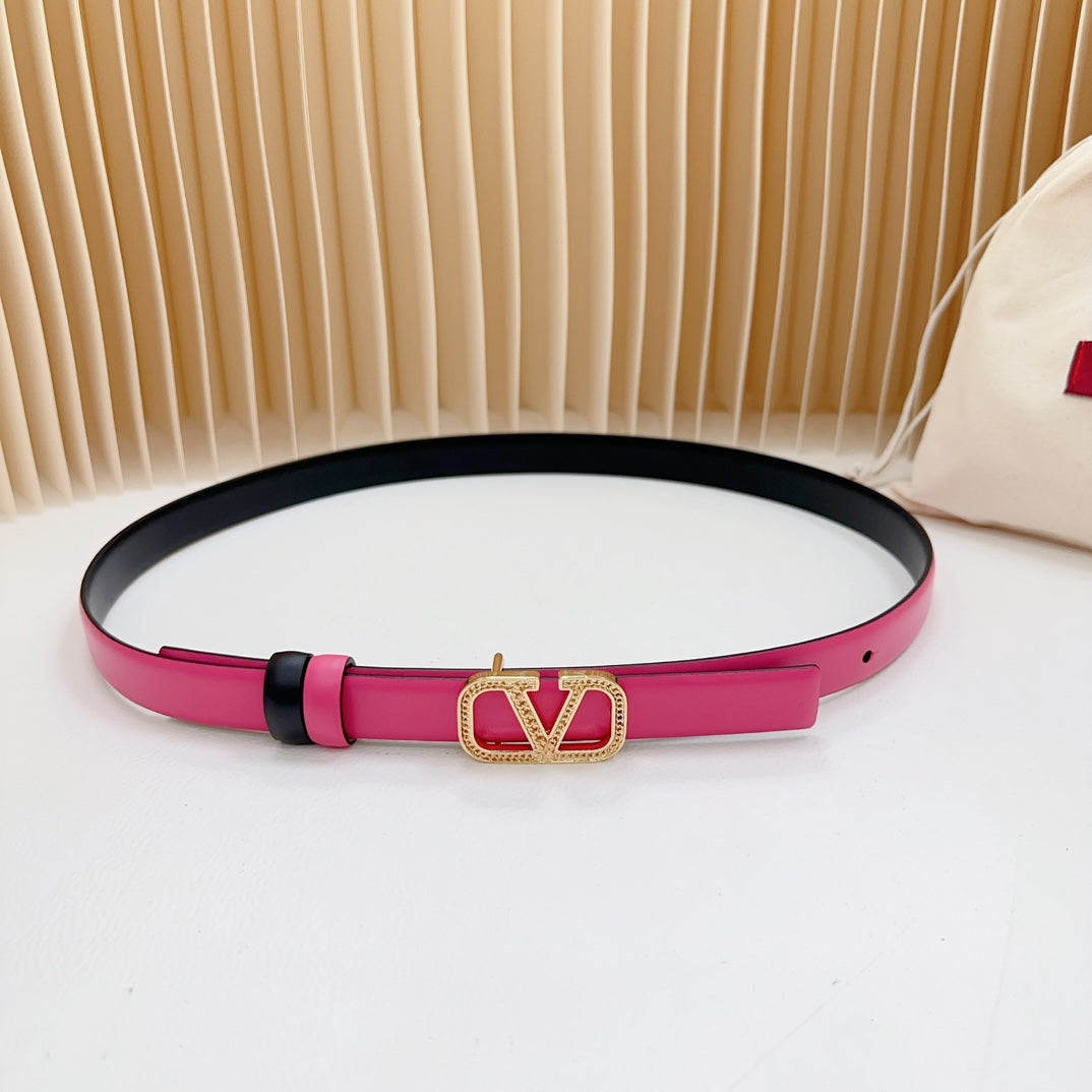 VALENTINO Vlogo Buckle Water Wave Gold Copper Glossy Pink Black Leather 20mm Belt