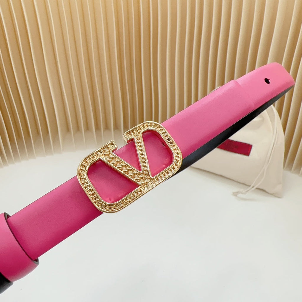 VALENTINO Vlogo Buckle Water Wave Gold Copper Glossy Pink Black Leather 20mm Belt