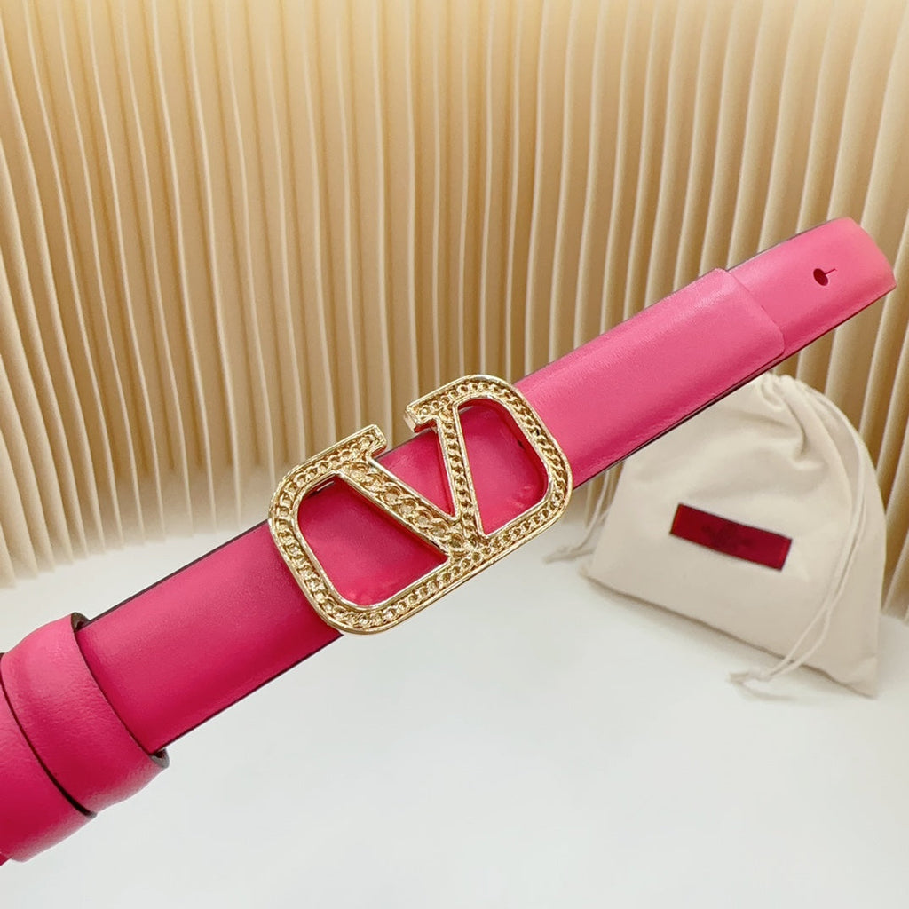 VALENTINO Vlogo Buckle Water Wave Gold Copper Glossy Pink Leather 20mm Belt