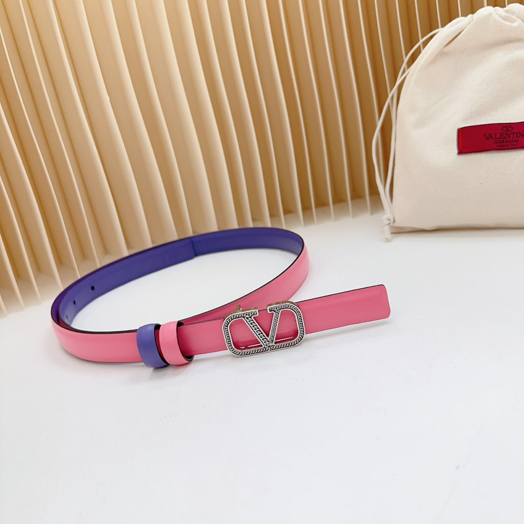 VALENTINO Vlogo Buckle Water Wave Silver Copper Glossy Pink Purple Leather 20mm Belt