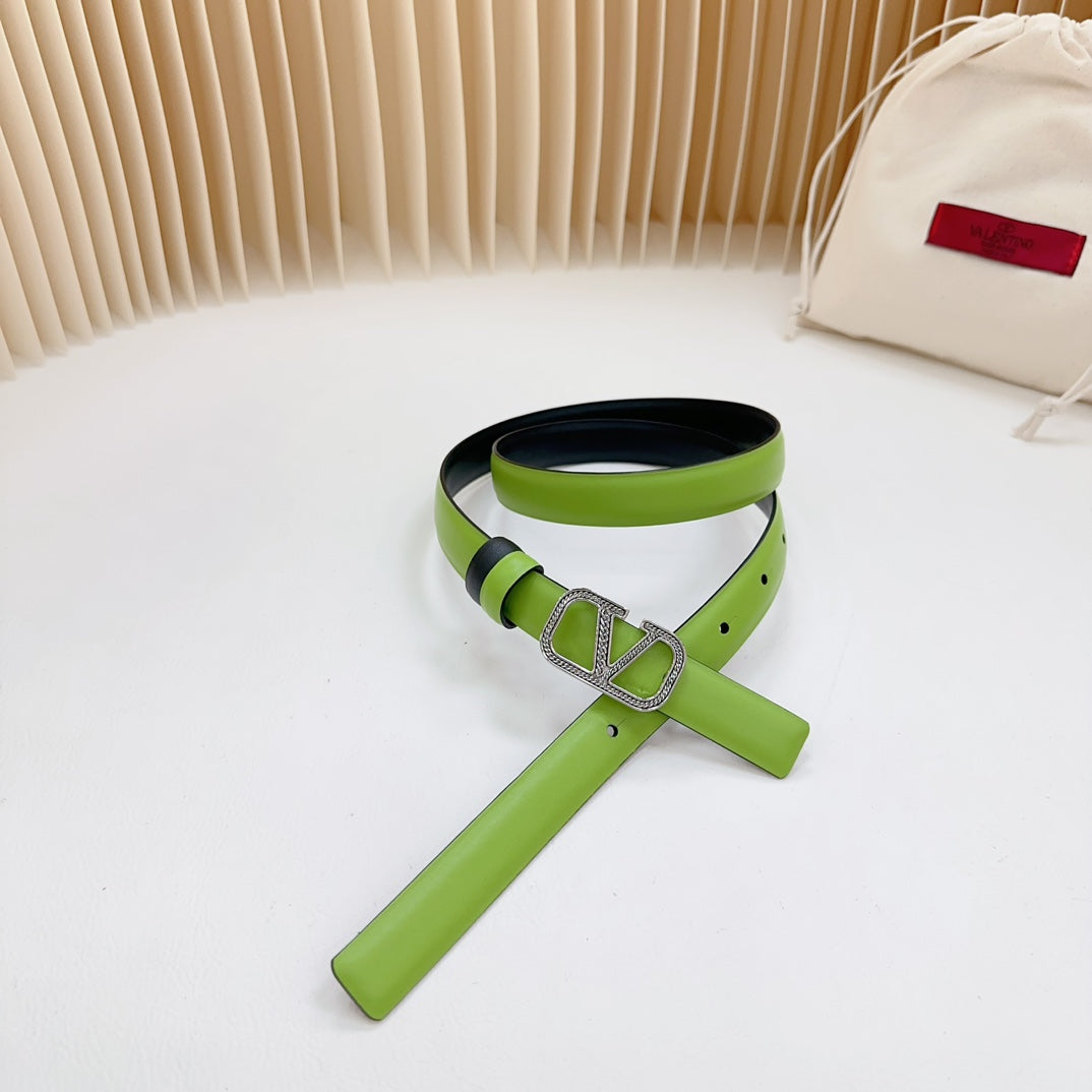 VALENTINO Vlogo Buckle Water Wave Silver Copper Glossy Green Black Leather 20mm Belt
