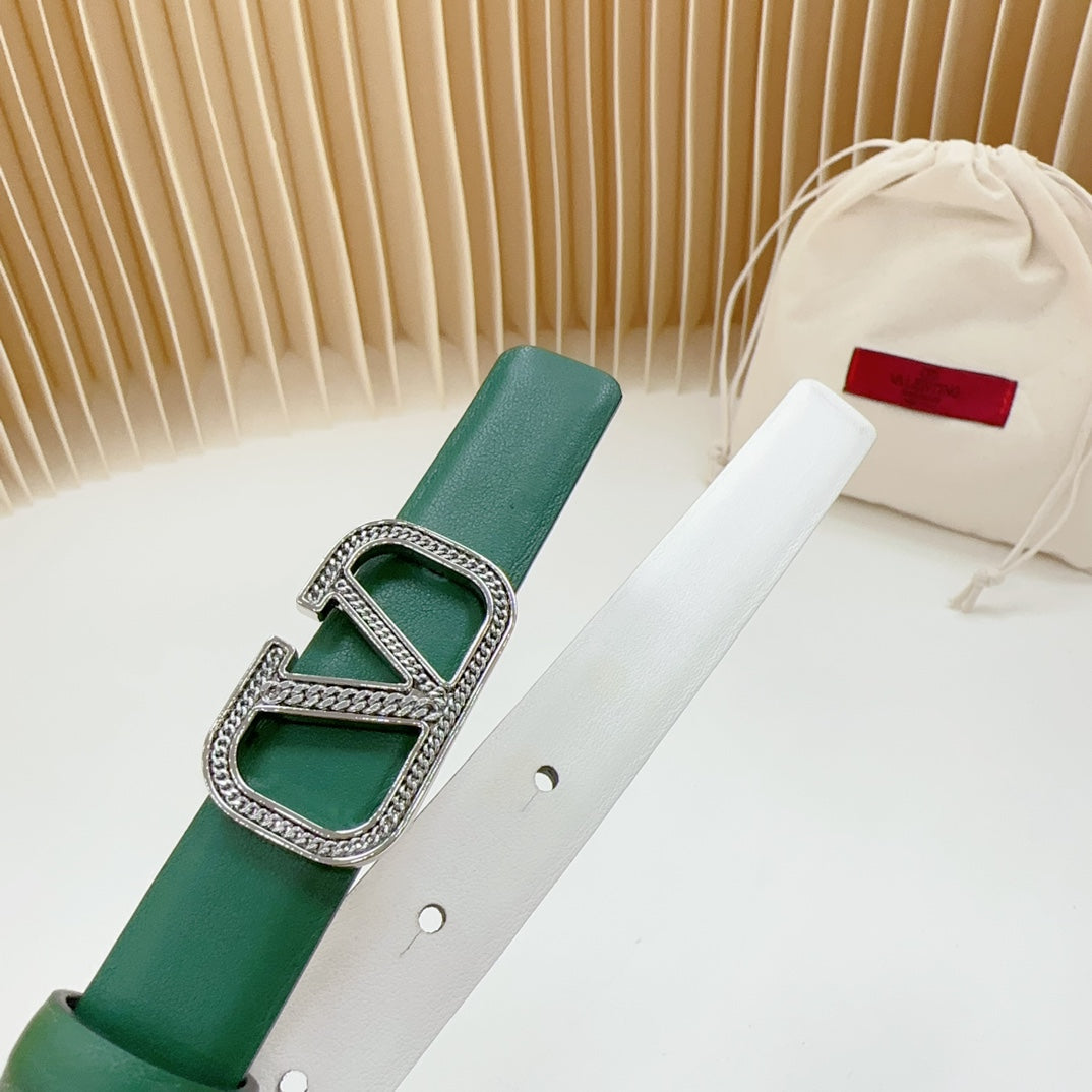VALENTINO Vlogo Buckle Water Wave Silver Copper Glossy Dark Green White Leather 20mm Belt