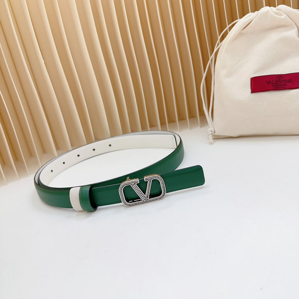 VALENTINO Vlogo Buckle Water Wave Silver Copper Glossy Dark Green White Leather 20mm Belt