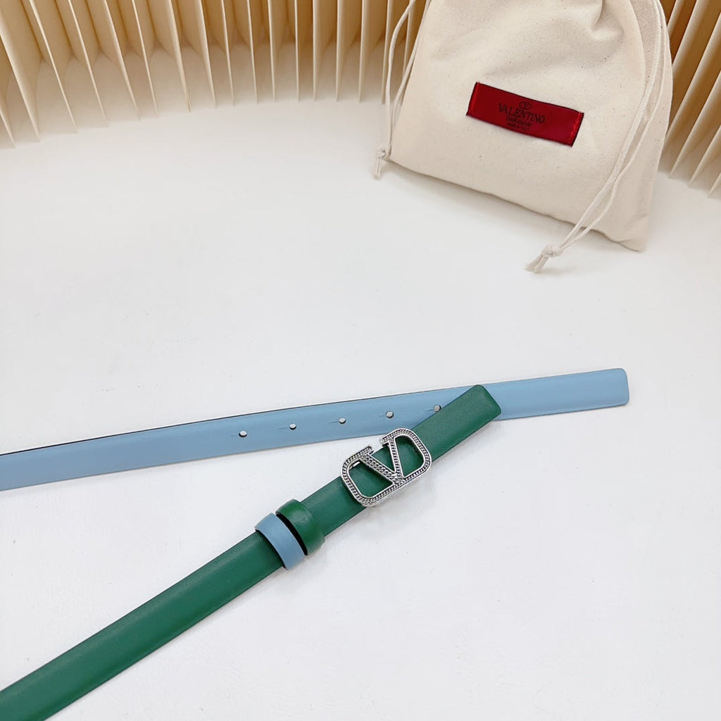VALENTINO Vlogo Buckle Water Wave Silver Copper Glossy Dark Green Cloud Blue Leather 20mm Belt
