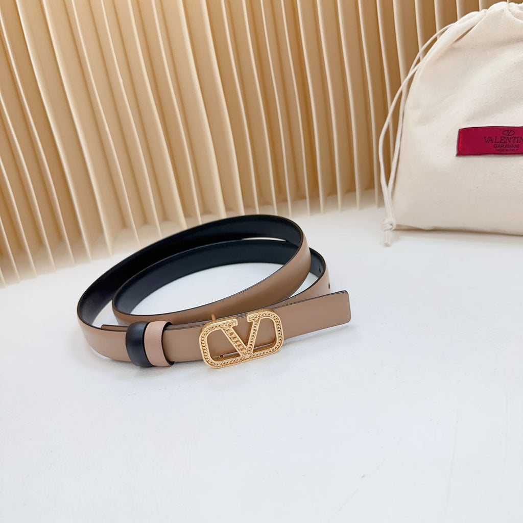 VALENTINO Vlogo Buckle Water Wave Gold Copper Glossy Beige Black Leather 20mm Belt