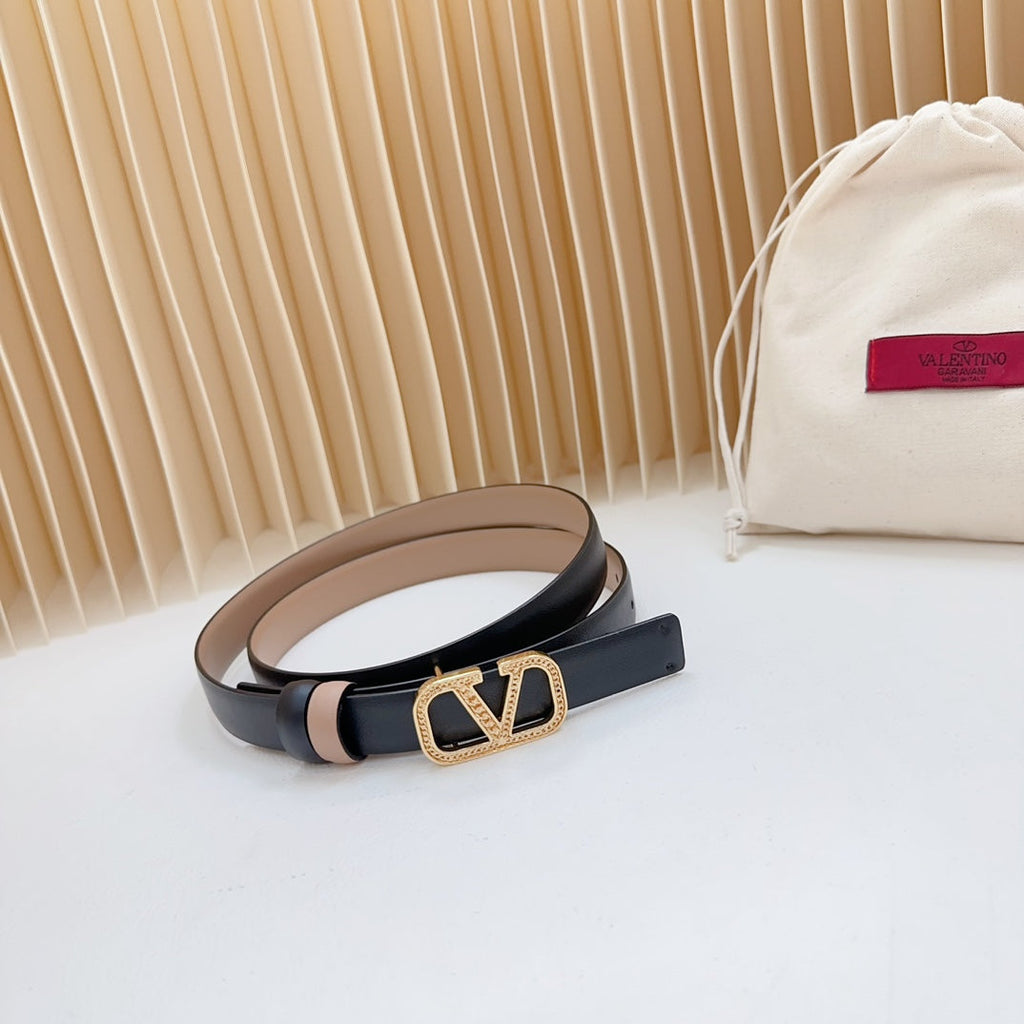 VALENTINO Vlogo Buckle Water Wave Gold Copper Glossy Beige Black Leather 20mm Belt