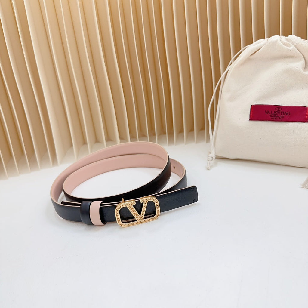 VALENTINO Vlogo Buckle Water Wave Gold Copper Glossy Light Pink Black Leather 20mm Belt
