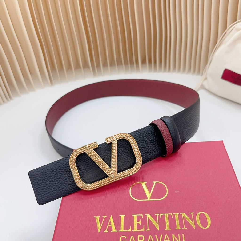 VALENTINO Vlogo Buckle Water Wave Gold Copper Glossy Wine Black Leather 40mm