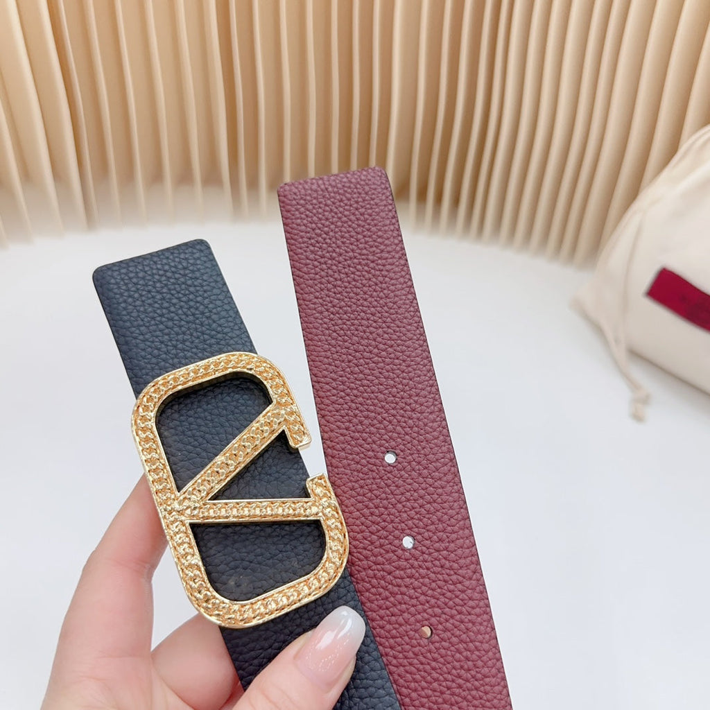 VALENTINO Vlogo Buckle Water Wave Gold Copper Glossy Wine Black Leather 40mm
