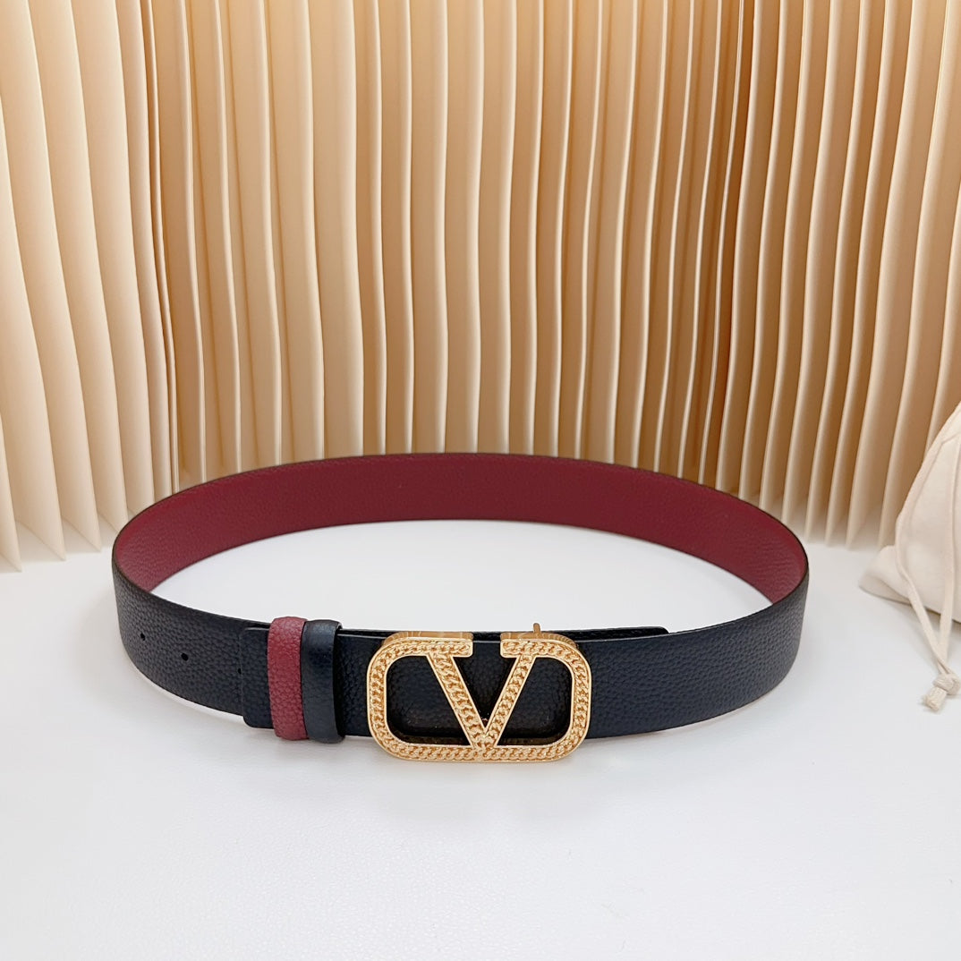 VALENTINO Vlogo Buckle Water Wave Gold Copper Glossy Wine Black Leather 40mm