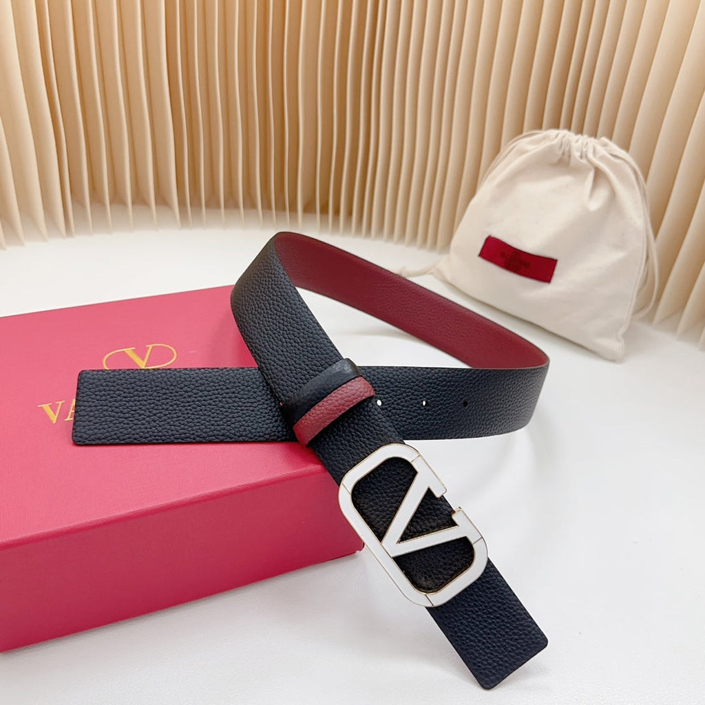 VALENTINO Vlogo White Gold Buckle Belt 40mm Wine Black Leather