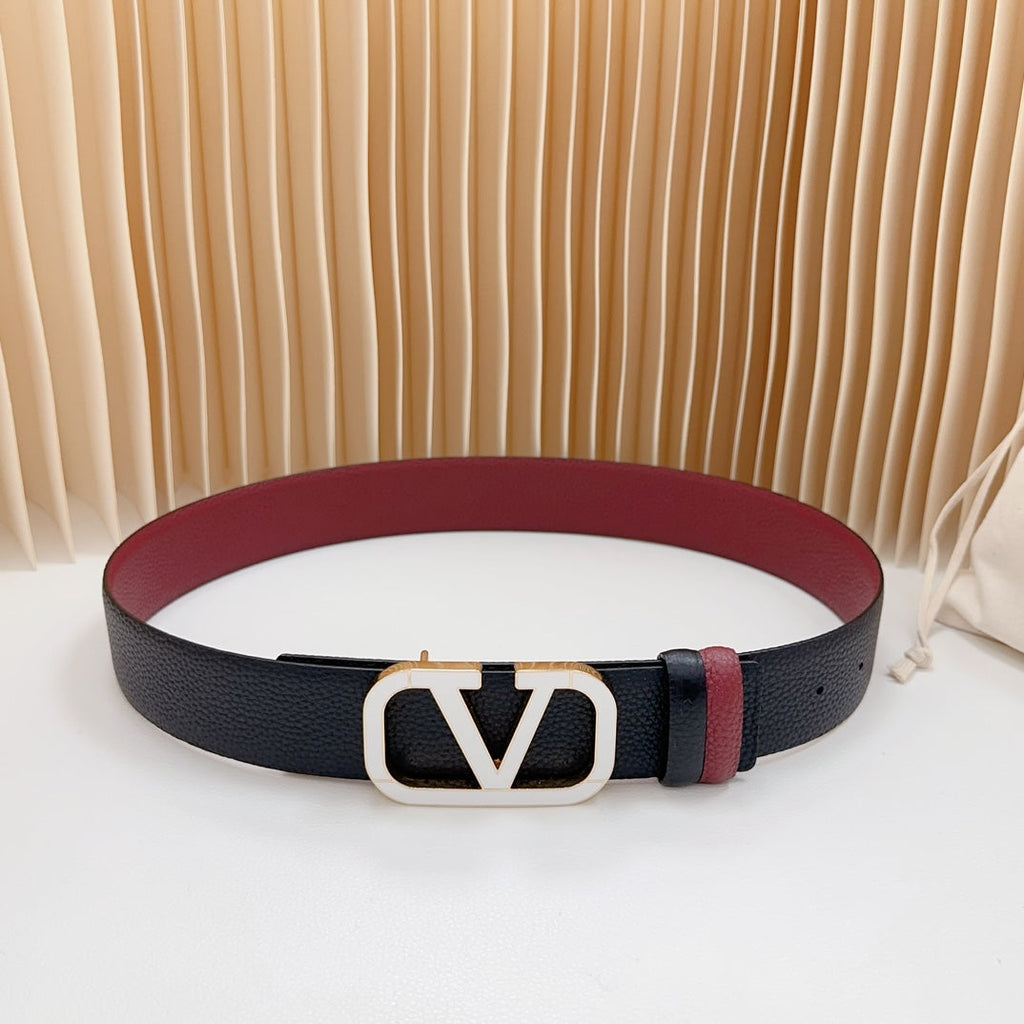 VALENTINO Vlogo White Gold Buckle Belt 40mm Wine Black Leather