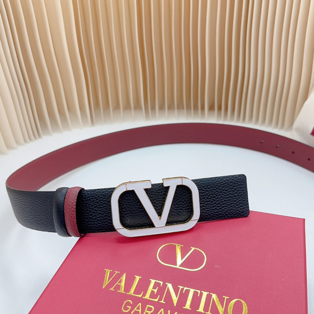 VALENTINO Vlogo White Gold Buckle Belt 40mm Wine Black Leather