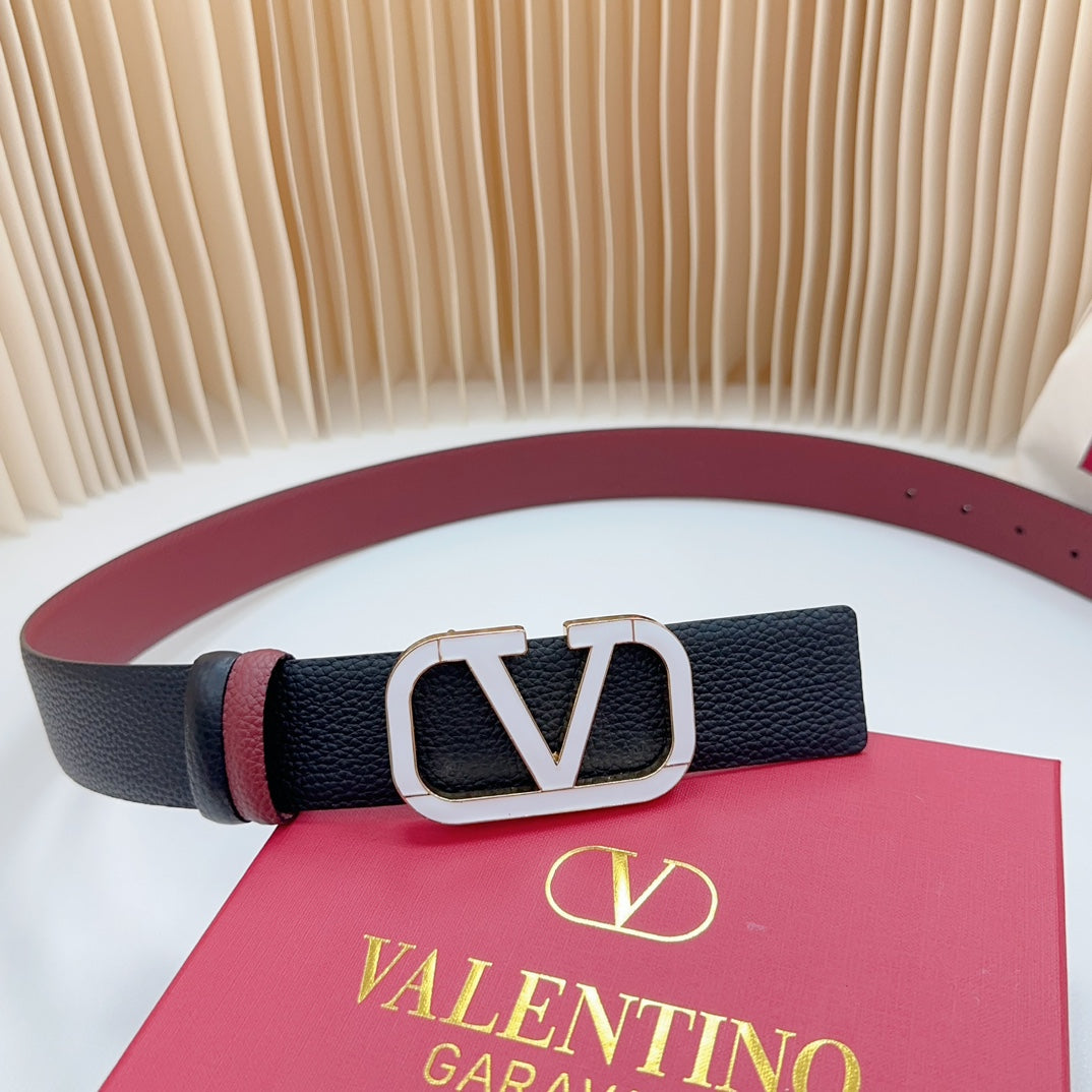 VALENTINO Vlogo White Gold Buckle Belt 40mm Wine Black Leather